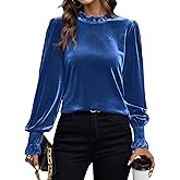 Long Sleeve Velvet Tops for Women, Frill Mock Neck Casual Loose Fit Fall Winter Velour Blouses