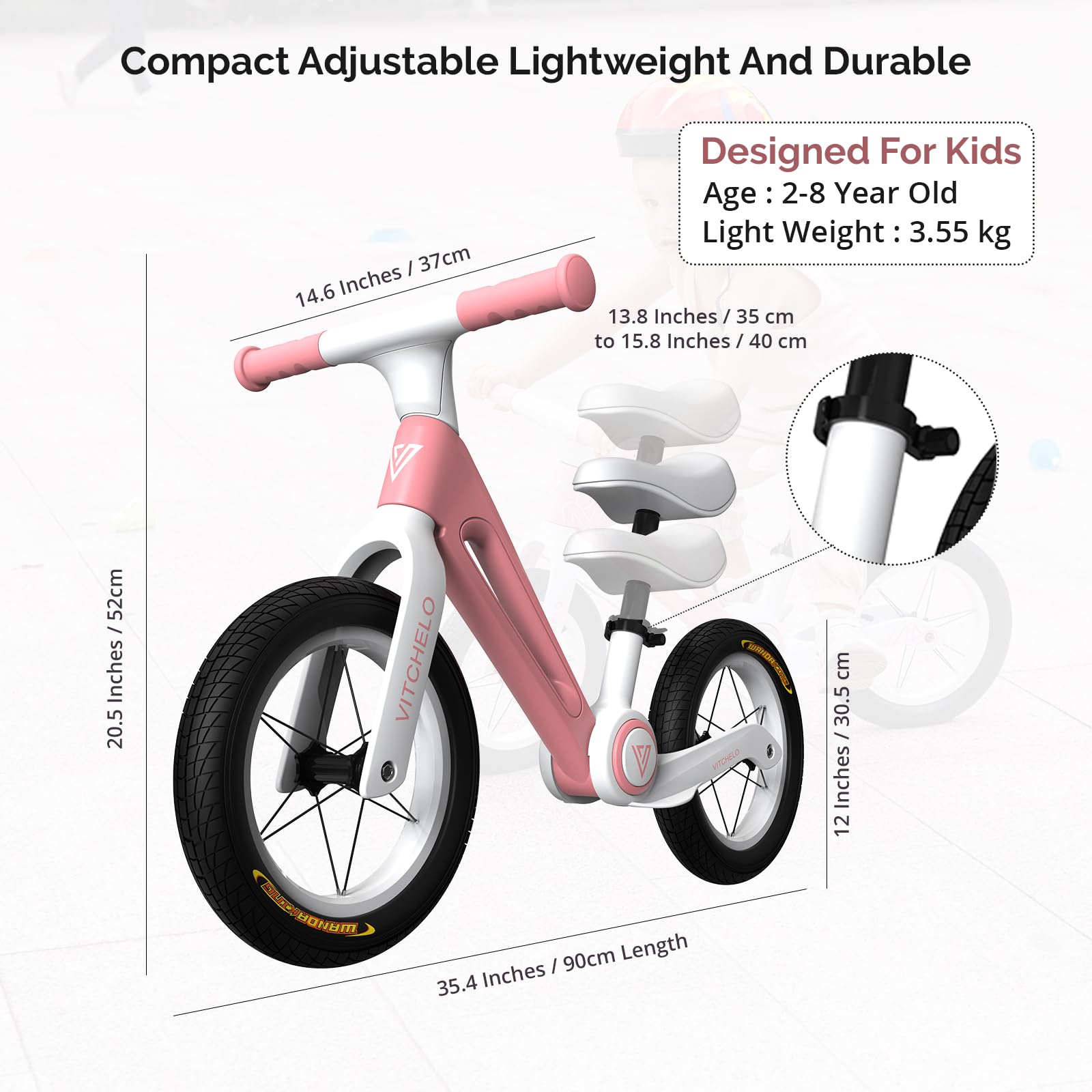 Vitchelo 12” Foldable Toddler Balance Bike, No Pedal Push Balance Bicycle for Kids 2 to 6 Year, Sport Bike with Adjustable Padded Seat, Safety Pad, Flat-Free Tires, Shoulder Strap & Tool Free Assembly