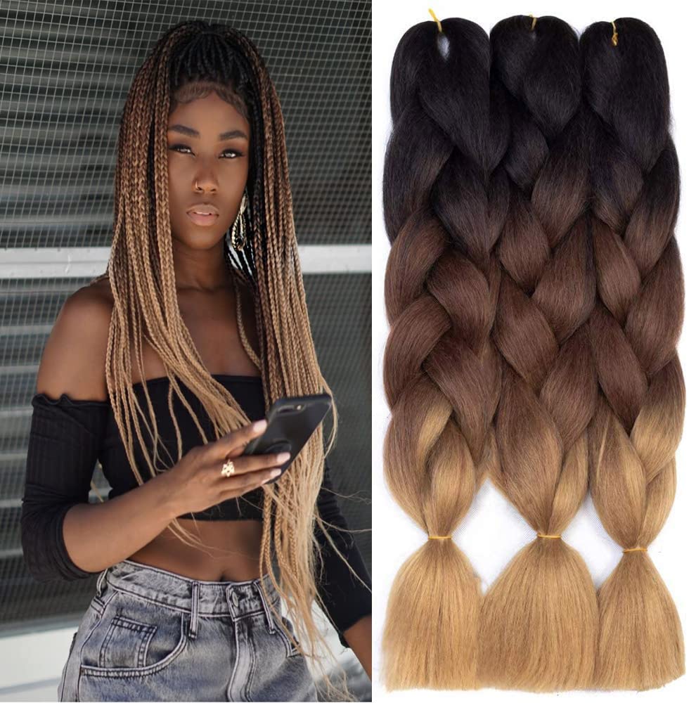 FANWYFYU 3packs Ombre Braiding Hair Extensions Kanekalon Jumbo Braiding Hair Extensions 24 Inch Braiding Hair Synthetic Hair For Crochet Twist (Black-Dark Brown-Light Brown)