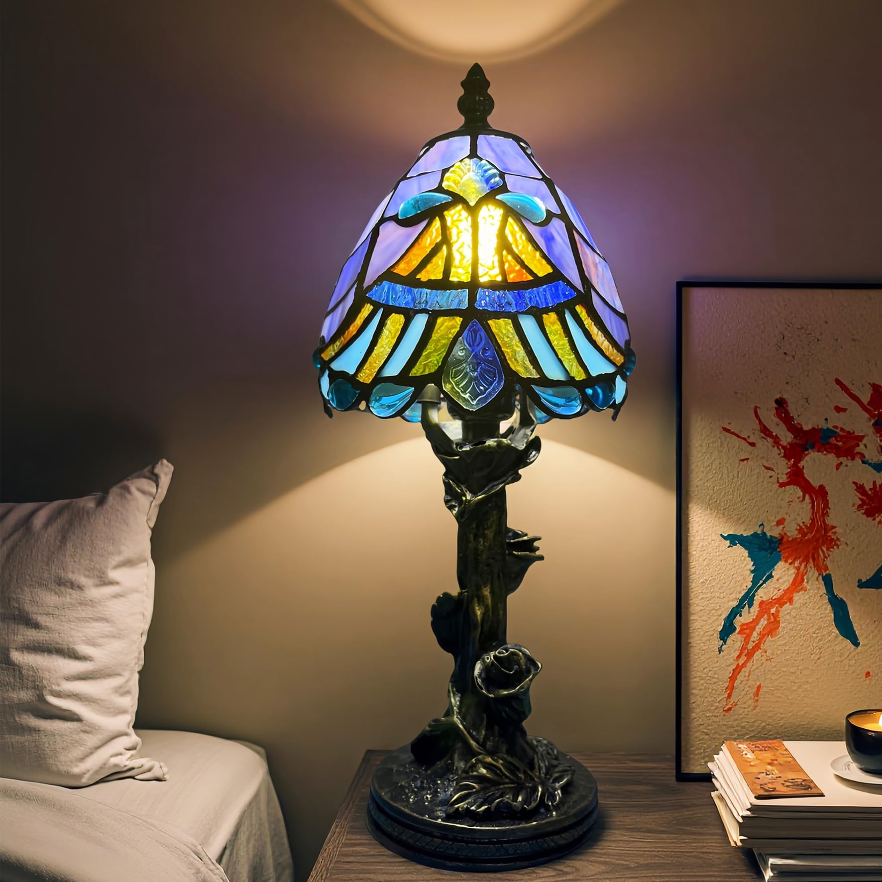Photo 1 of Exporify Small Tiffany Style Lamp,Blue Baroque Mini Stained Glass Tiffany Lamps for Living Room Home,Bedroom Bedside Vintage Lamp for Office Dorm Bar Decor Gift,Included LED Bulb