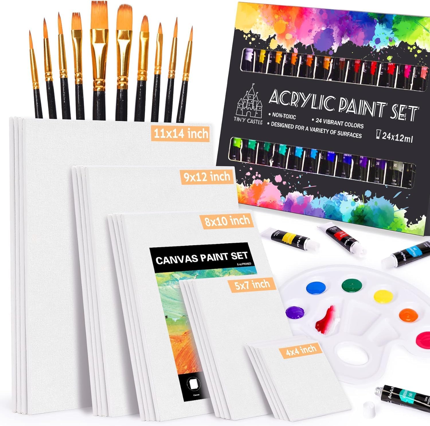 Paintings - Canvases for Painting, Painting Supplies with 20 Cotton Canvas Panels, 4x4, 5x7, 8x10, 9x12, 11x14 inches (2 of Each), with 24 Acrylic Paints, 10 Brushes, Painting Canvas Set for Multimedia