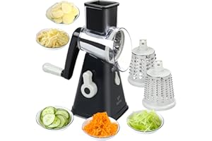 FAVIA Rotary Cheese Grater, Kitchen Speed Mandoline Vegetable Slicer Grinder with 3 Interchangeable Blades,Easy to Clean Shredder for Fruit, Vegetables, Nuts (Black+Grey)