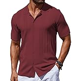 COOFANDY Men's Knit Shirt Short Sleeve Button Down Vintage Polo Shirts Casual Summer Beach Shirts