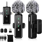 3 IN 1 Wireless Lavalier Microphones for iPhone/Android/Camera Devices(Lightning/USBC/3.5 mm Jack), 2 Pack Mini LED Display Lapel Mic with Mute/Reverb/Noise Reduction for TikTok/YouTube/Vlog Recording