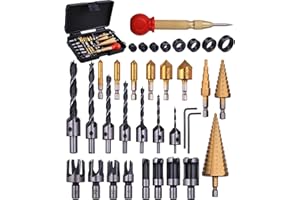 SHITIME 34 Pack Wood Working Chamfer Drilling Tools, 6 Countersink Drill Bit Set, 7 Counter Sinker Drill Bit Set, 8 Plug Cutters for Wood, 8 Drill Stop Bit Collar Set and 3 Step Drill Bits.