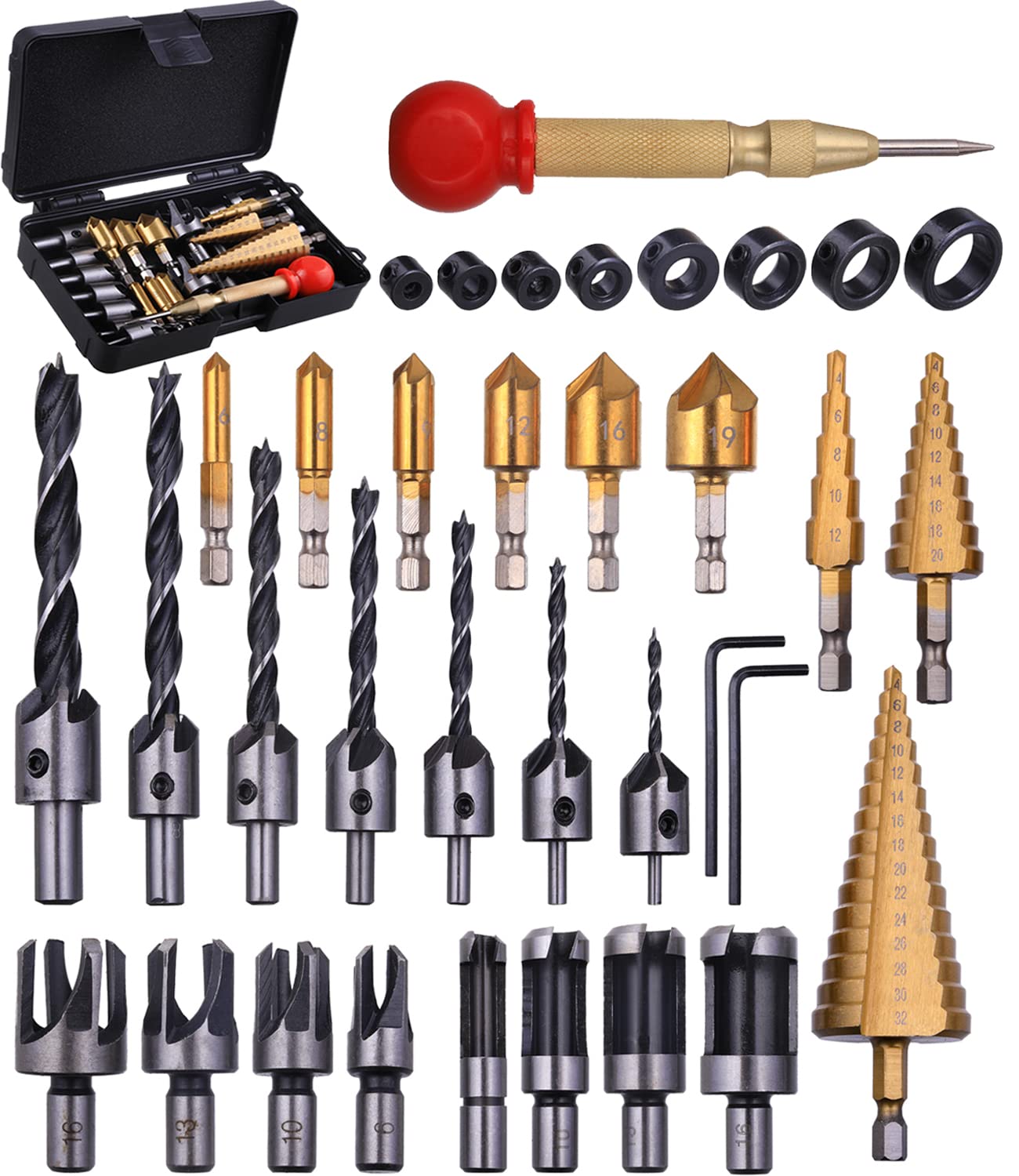 Photo 1 of SHITIME 34 Pack Wood Working Chamfer Drilling Tools, 6 Countersink Drill Bit Set, 7 Counter Sinker Drill Bit Set, 8 Plug Cutters for Wood, 8 Drill Stop Bit Collar Set and 3 Step Drill Bits.