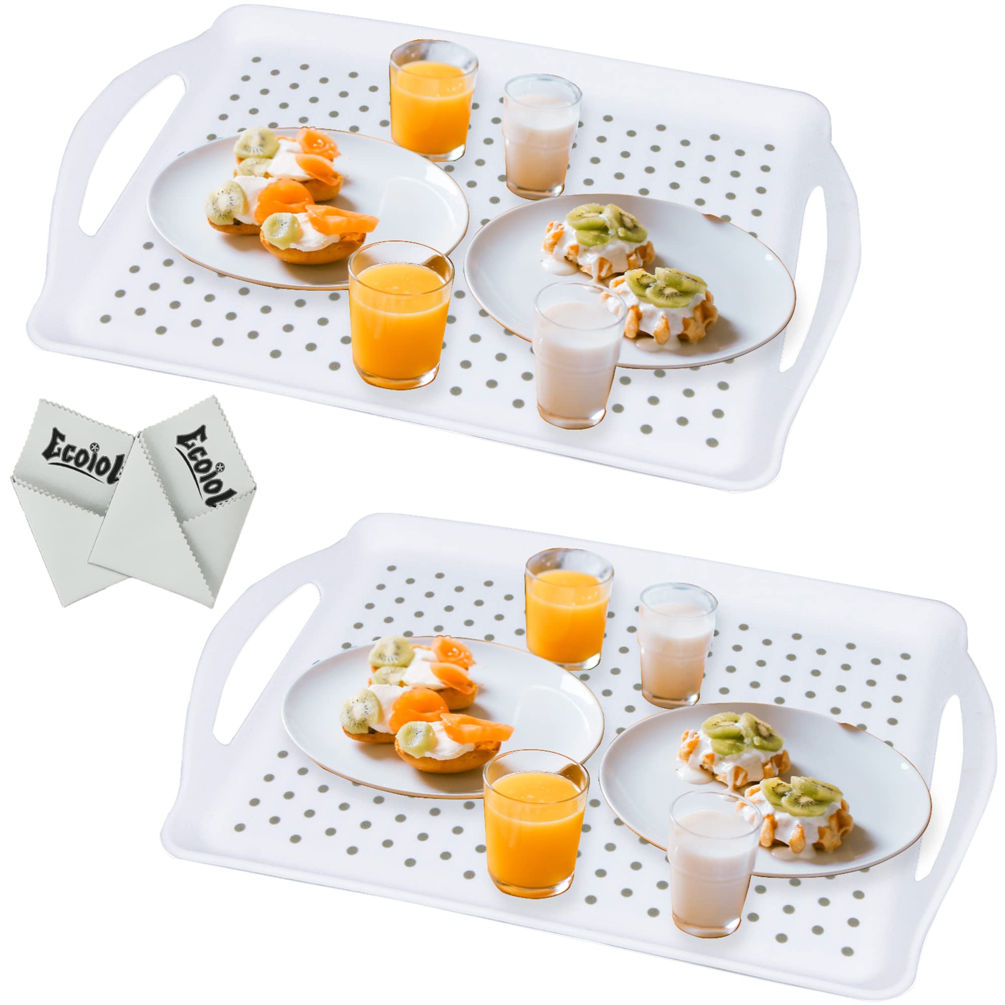 ECOIOU Non Slip Food Serving Tray with Handles, Rectangle Anti-Slip Non-Toxic Dishwasher Safe Tray for Snack Fruit Dessert Breakfast Drink Come with Cleaning Cloths, White Image