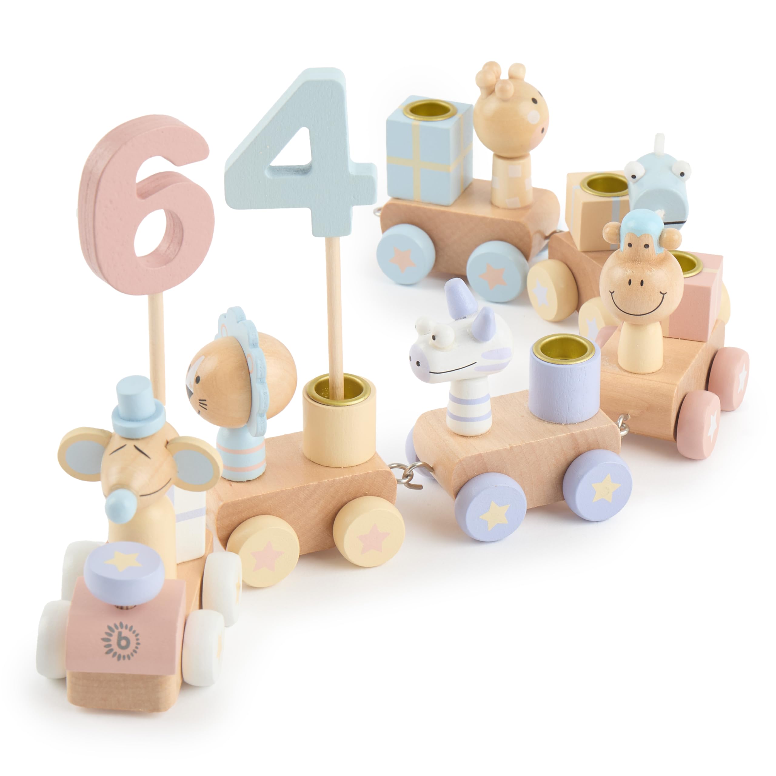 Bieco Wooden Birthday Train - Candy Look 0-99 Years with 6 Candles - Table Decoration Kids Birthday Candles Train Girls Wreath Ring Decor