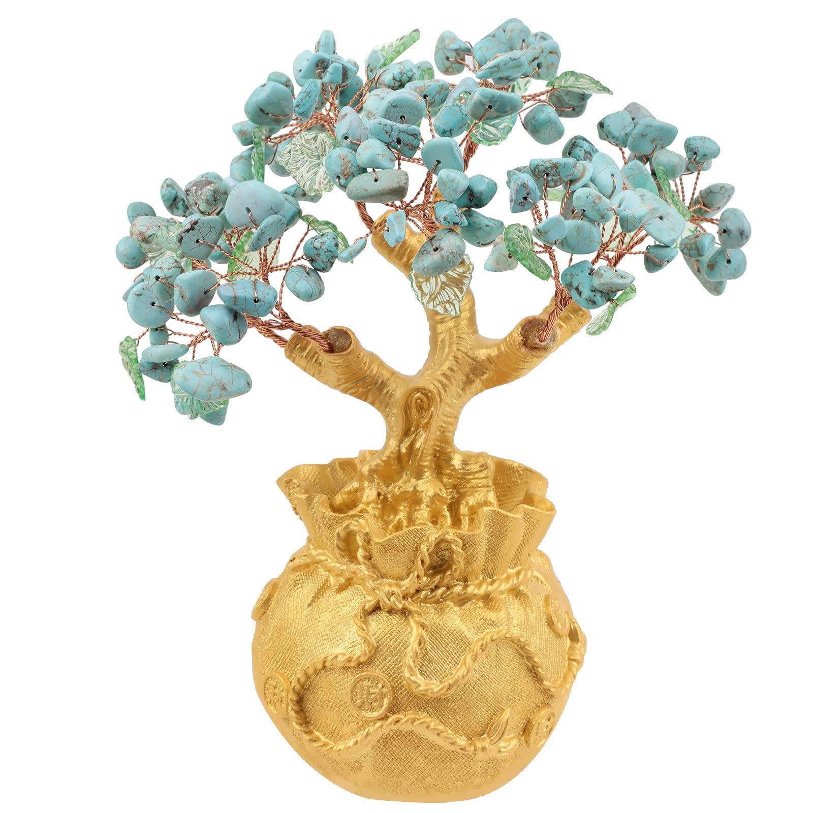 mookaitedecor Howlite Turquoise Crystal Money Tree with Golden Money Bag Base, Chakra Reiki Healing Stone Feng Shui Bonsai Tree for Wealth Luck Office Home Decor