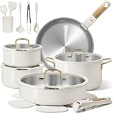 CAROTE 21pcs Tri-Ply Stainless Steel Cookware Set with Detachable Handle | Pots and Pans Set, Even Heating, Non-Toxic, Induction Compatible, Dishwasher&amp; Oven Safe, Space Saving, Camping Cooking, White