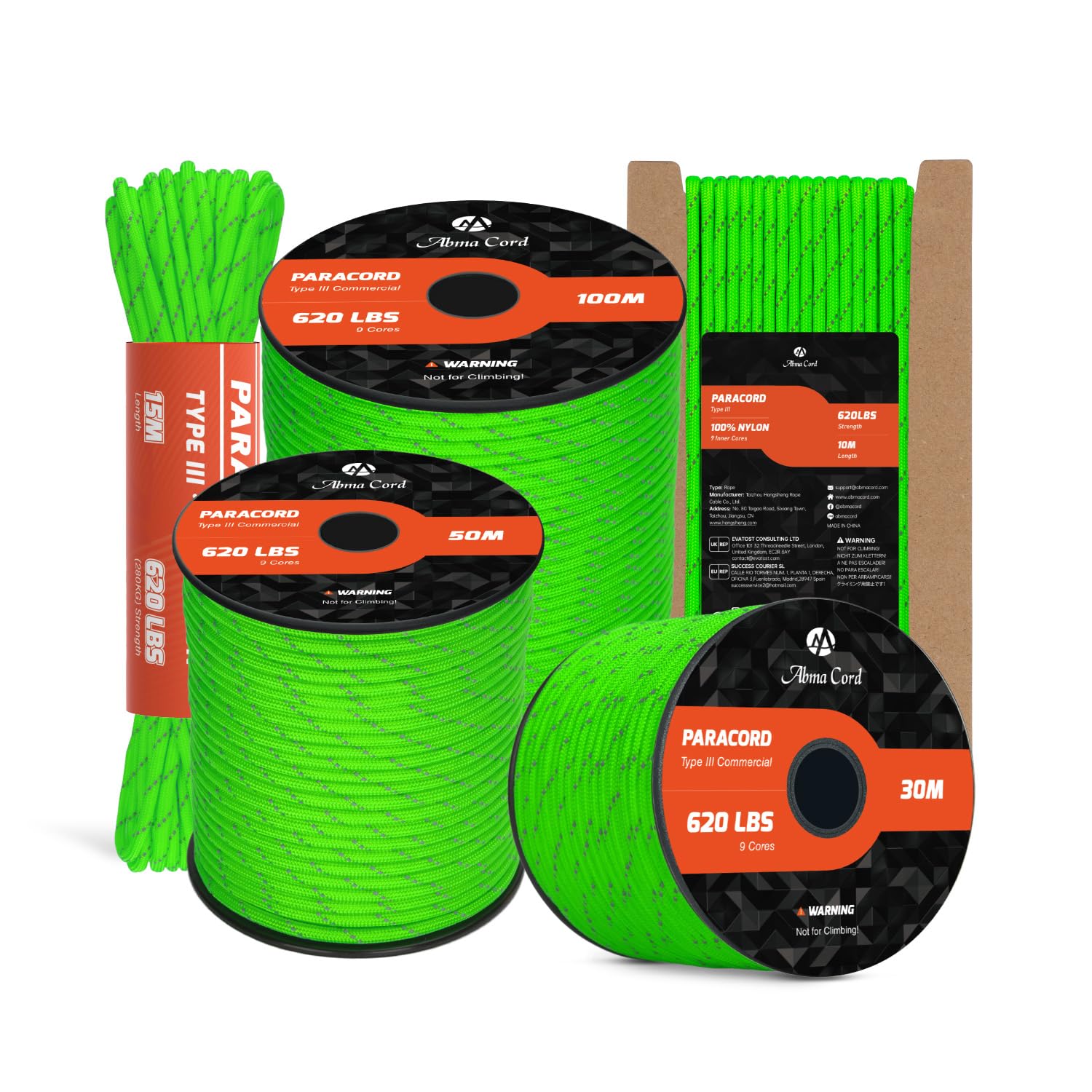 Abma Cord Paracord 4mm 15m 100% Nylon Rope 9 Strands Type III Parachute Cord for DIY, Camping, Survival, Outdoor - Max. 280kg - Reflective Neon Green