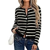 Elesomo Womens Striped Cardigan Business Casual Crew Neck Button Front Cardigans Sweater