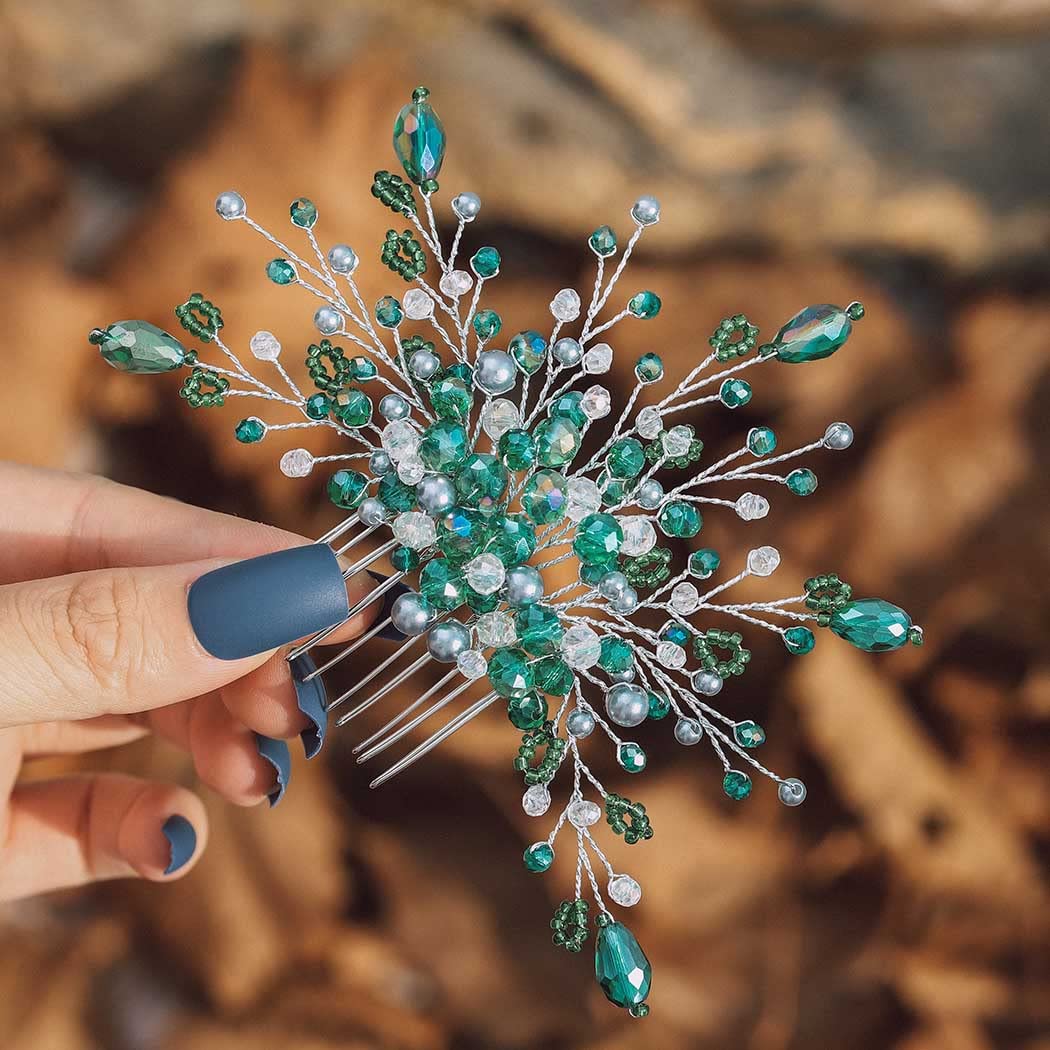 IYOU Bridal Wedding Hair Comb Green Rhinestone Headpiece Beads Princess Bridesmaid Hair Comb Sides Accessories for Women