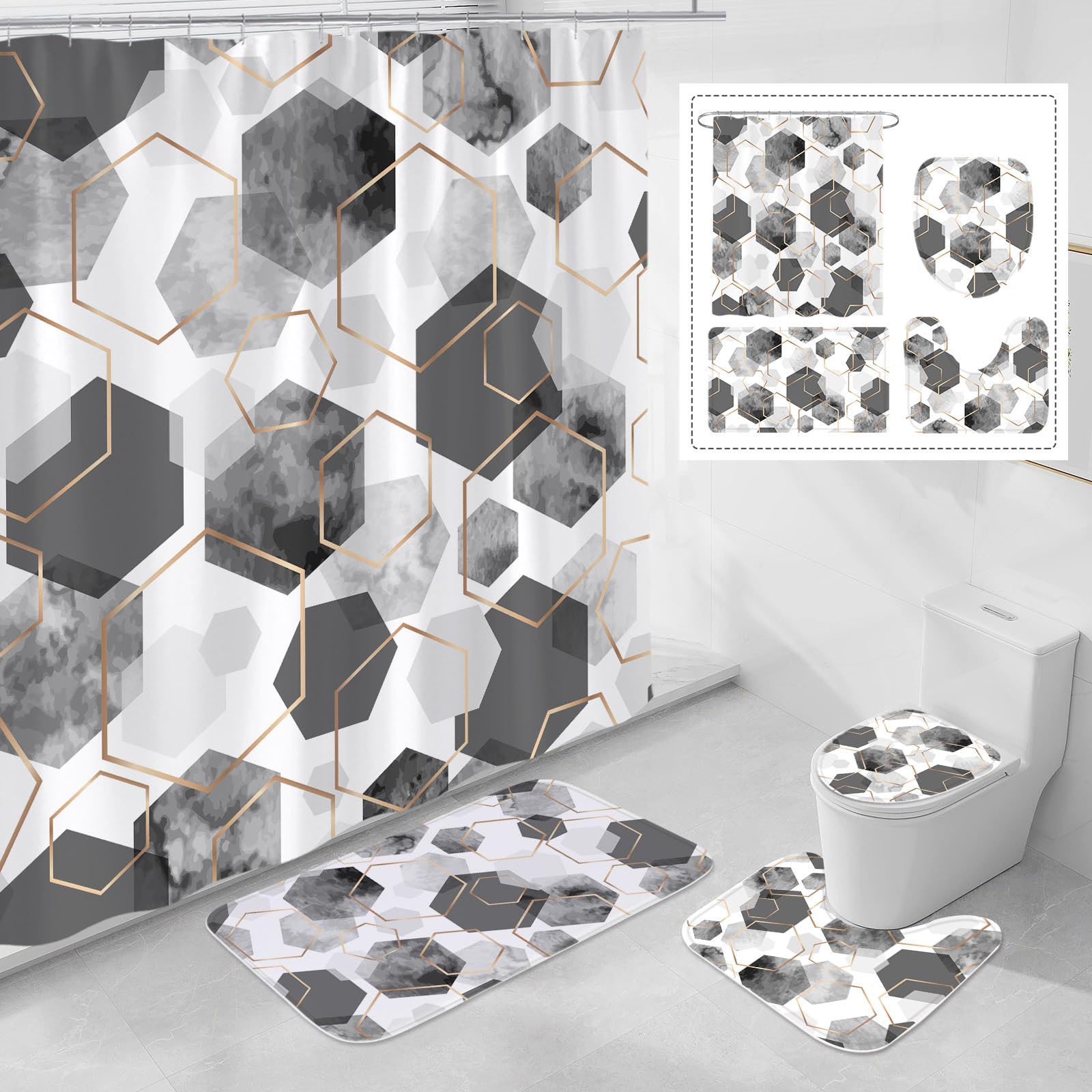 Photo 1 of Litabel 4 Pcs Grey Modern Geometric Shower Curtain Set with Non-Slip Rugs, Toilet Lid Cover and Bath Mat, Gray Abstract Bathroom Decor Set with Shower Curtain and Rugs