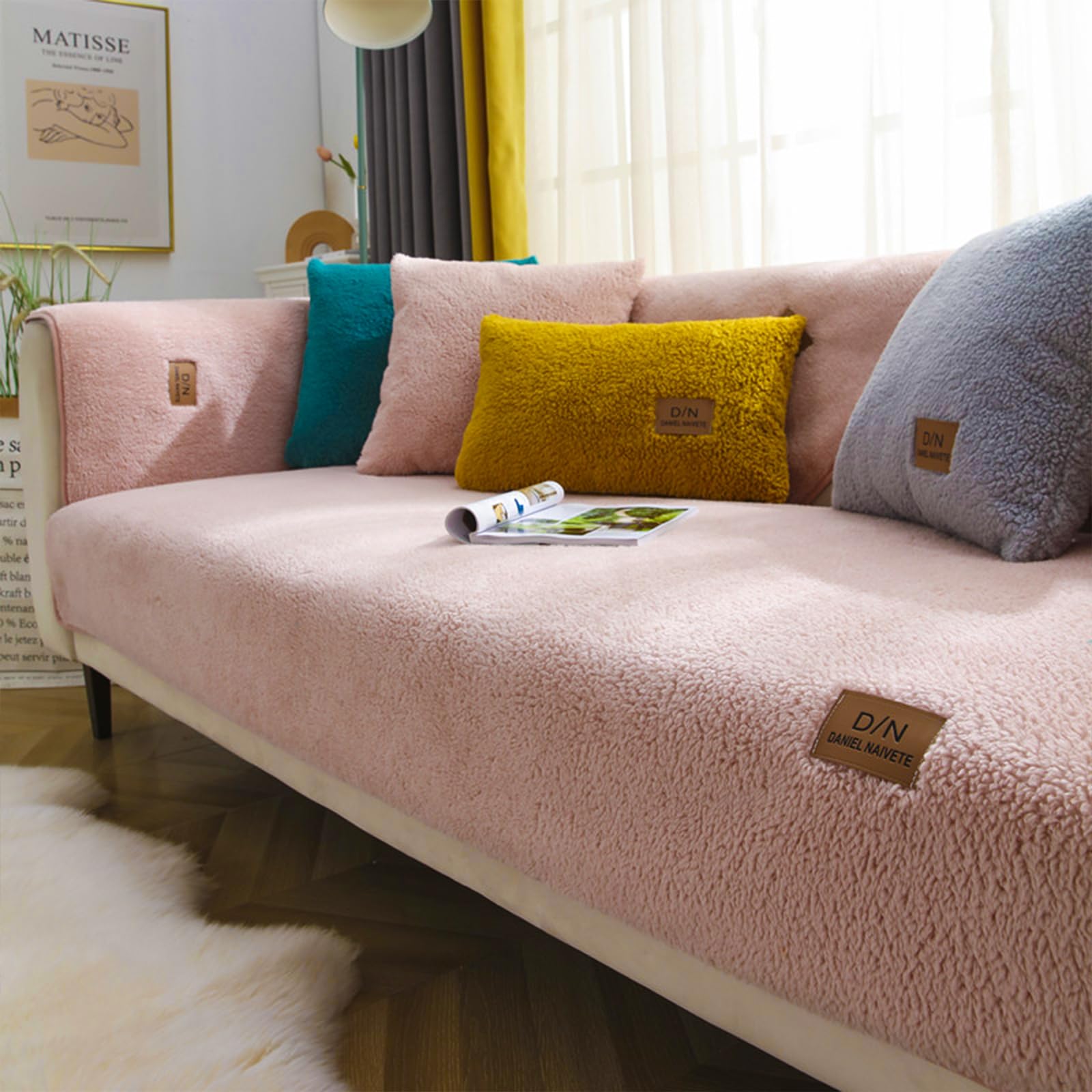 VanderHOME Sofa Cover 1 2 3 4 Seater, Lambswool Couch Cover,Universal Non-Slip Corner Sofa Cover L Shape Super Soft Autumn Winter Sofa Slipcovers for Living Room 70 * 90cm-Pink-Armrest (1 PC)