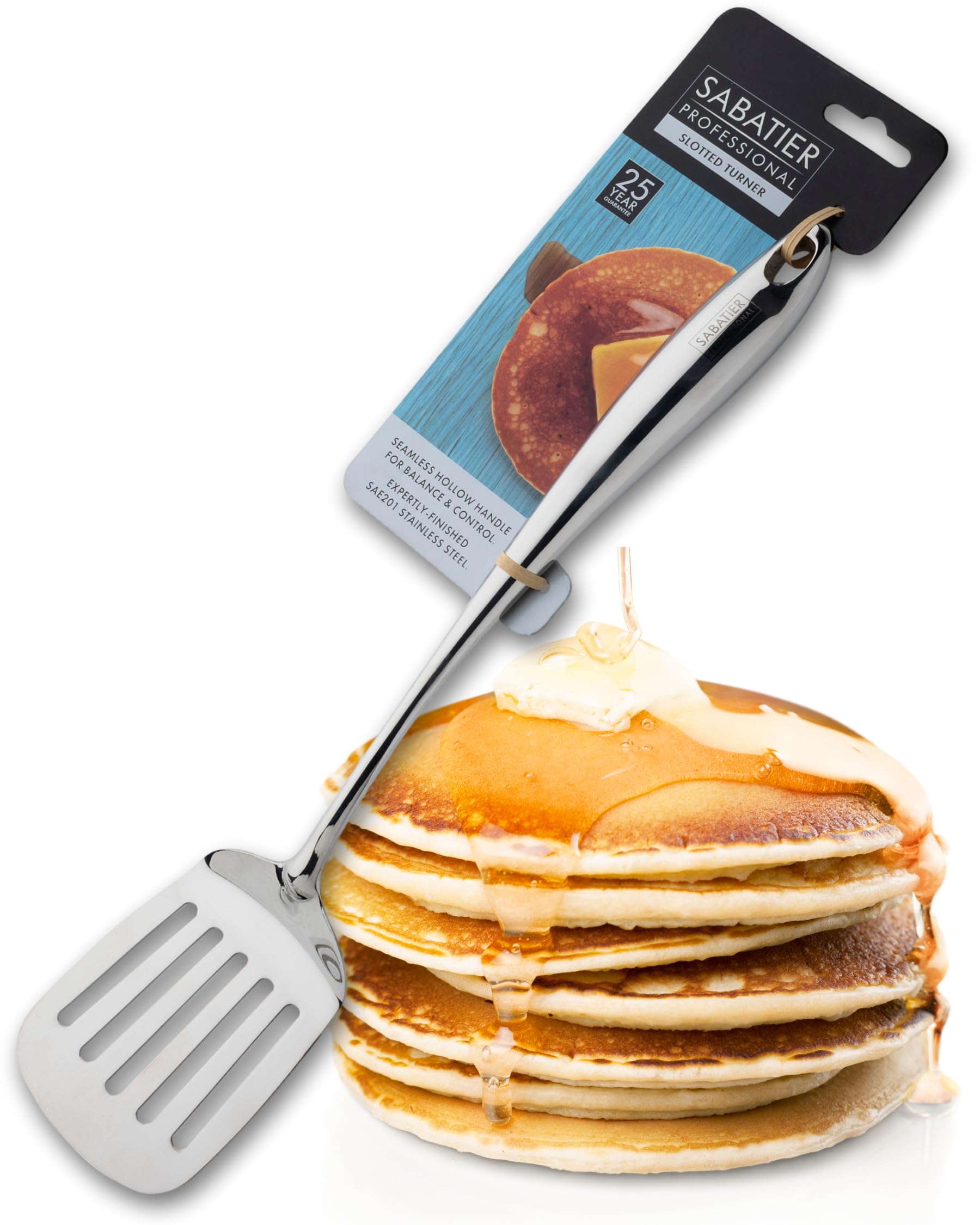 Sabatier Professional Large Metal Slotted Turner - Mirror Polished Stainless Steel. Strong Kitchen Cooking Utensil Tool. Flip and Serve Burgers, Eggs & Pancakes. 25 Year Guarantee, Dishwasher Safe