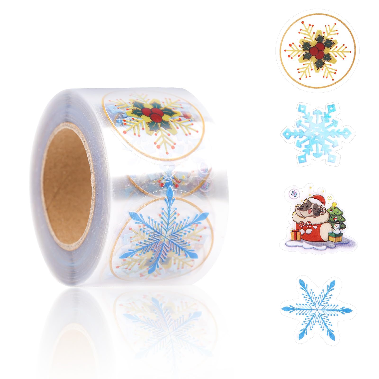 500pcs 1.5in Clear Merry Christmas Stickers Roll, 4 Styles Foil Gold Round Snowflake Christmas Tree Present Labels Adhesive Seals for Envelope Sealing Invitation Greeting Cards Making Xmas Gift Decor