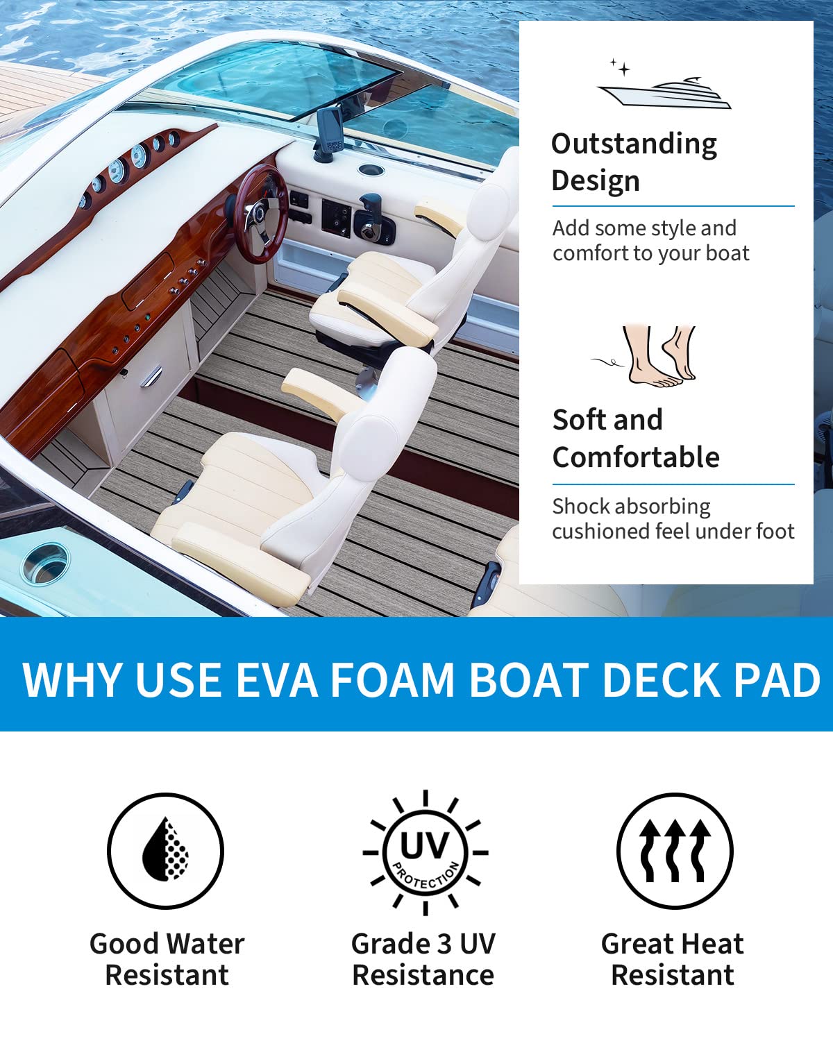 EVA Foam Boat Flooring 3M Sea Deck Marine Boat Decking Self Adhesive 945x65 Faux Teak Sheet Non Slip Marine Flooring For Boats Yacht Motorboat Kayak Cooler Tops Helm Pad Rv Floor Swimming Pool