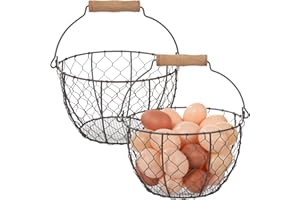 2 Pcs Wire Egg Baskets with Wooden Handles – Vintage Metal Egg Holders for Gathering Fresh Eggs, Countertop Storage & Farmhou