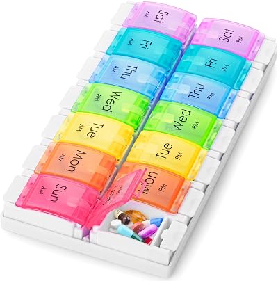 Boxsik Rainbow 7-Day Pill Box Organizer 2x Daily with Removable Lids