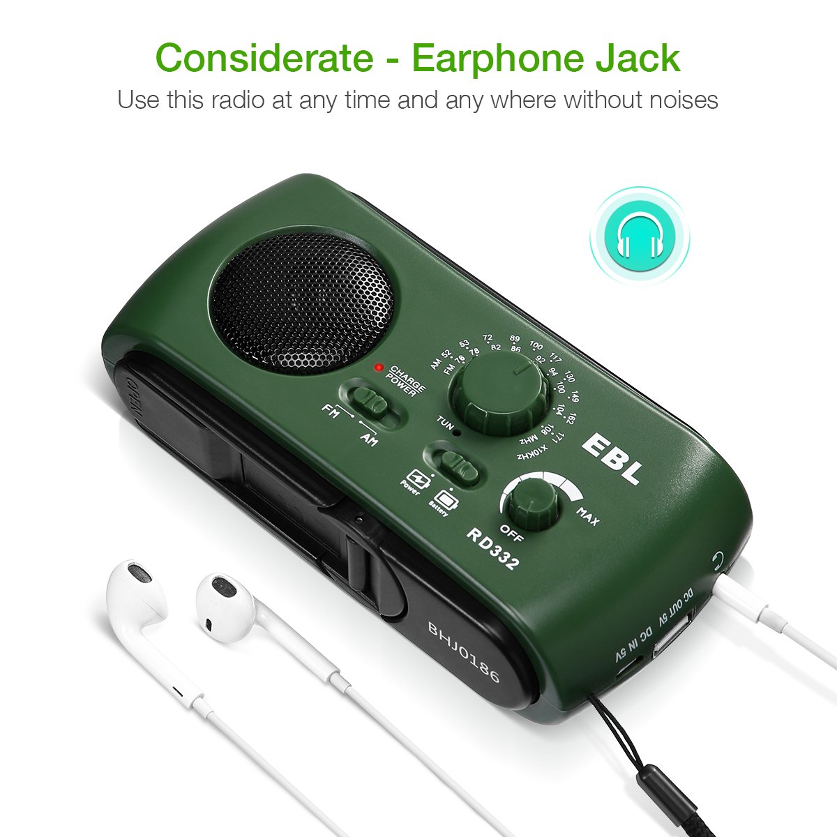EBL Portable FM/AM Radio Emergency Solar Hand Crank Rechargeable Radio with LED Flashlight for Household Camping Traveling (Green)