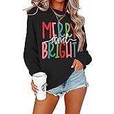 IZYJOY Christmas Sweatshirt for Women Merry and Bright Graphic Oversized Pullover Crewneck Long Sleeve Holiday Sweatshirt Top