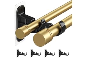MUAKIOY Double Curtain Rod Brackets No Drill, (4-Pack) Black Adhesive Curtain Rod Holders Nail-Free, Heavy Duty Dual Drapery 