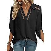 Dokotoo Womens Summer 2025 Dressy Casual Blouses V Neck 3/4 Sleeve Shirts Hollow Out Lace Collar Tunic Tops