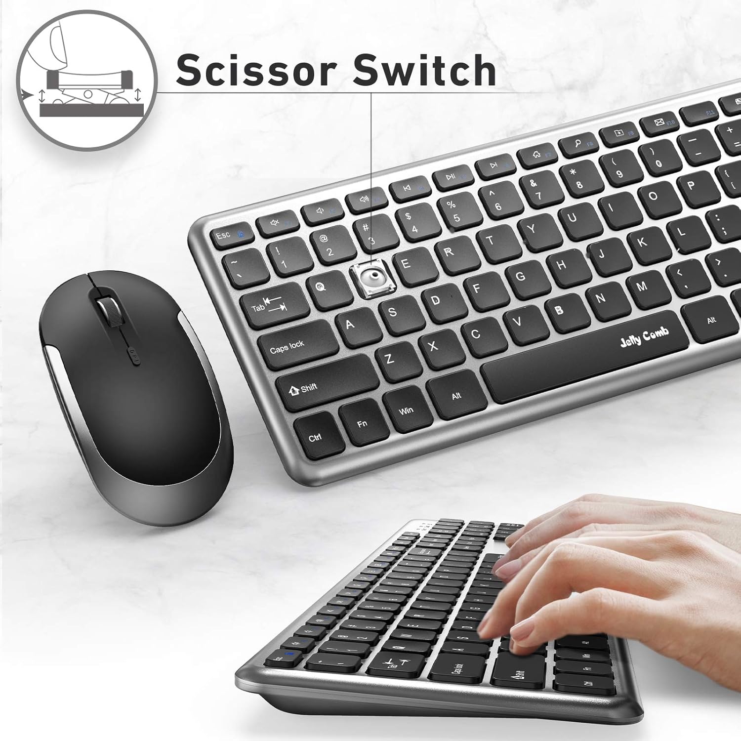 Wireless Keyboard and Mouse Combo, Jelly Comb KUT027 Wireless Keyboard and Mouse 2.4GHz Full Size Ultra-Thin Keyboard Mouse for Computer, Laptop, PC, Desktop, Windows 7, 8, 10 -Black and Sliver: Computers & Accessories