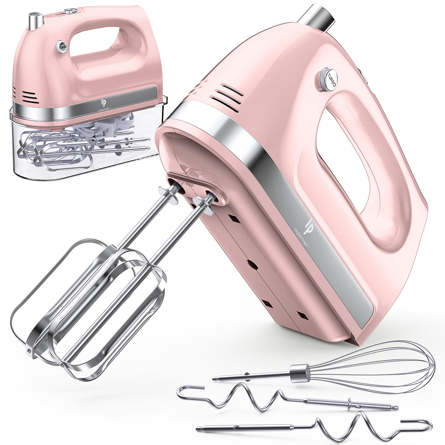 Photo 1 of Hand Mixer Electric, 400W Food Mixer 5 Speeds Handheld Blender, 5 Stainless Steel Accessories, Storage Box, Kitchen Blender with Cord for Cream, Cookies, Dishwasher Safe, Pink