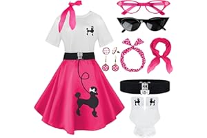 VILLBECOSER 10Pcs Sock Hop Outfits Women, 1950s Poodle Skirts, Poodle T-Shirt with 50s Accessories Socks Scarf Headband Belt Earring