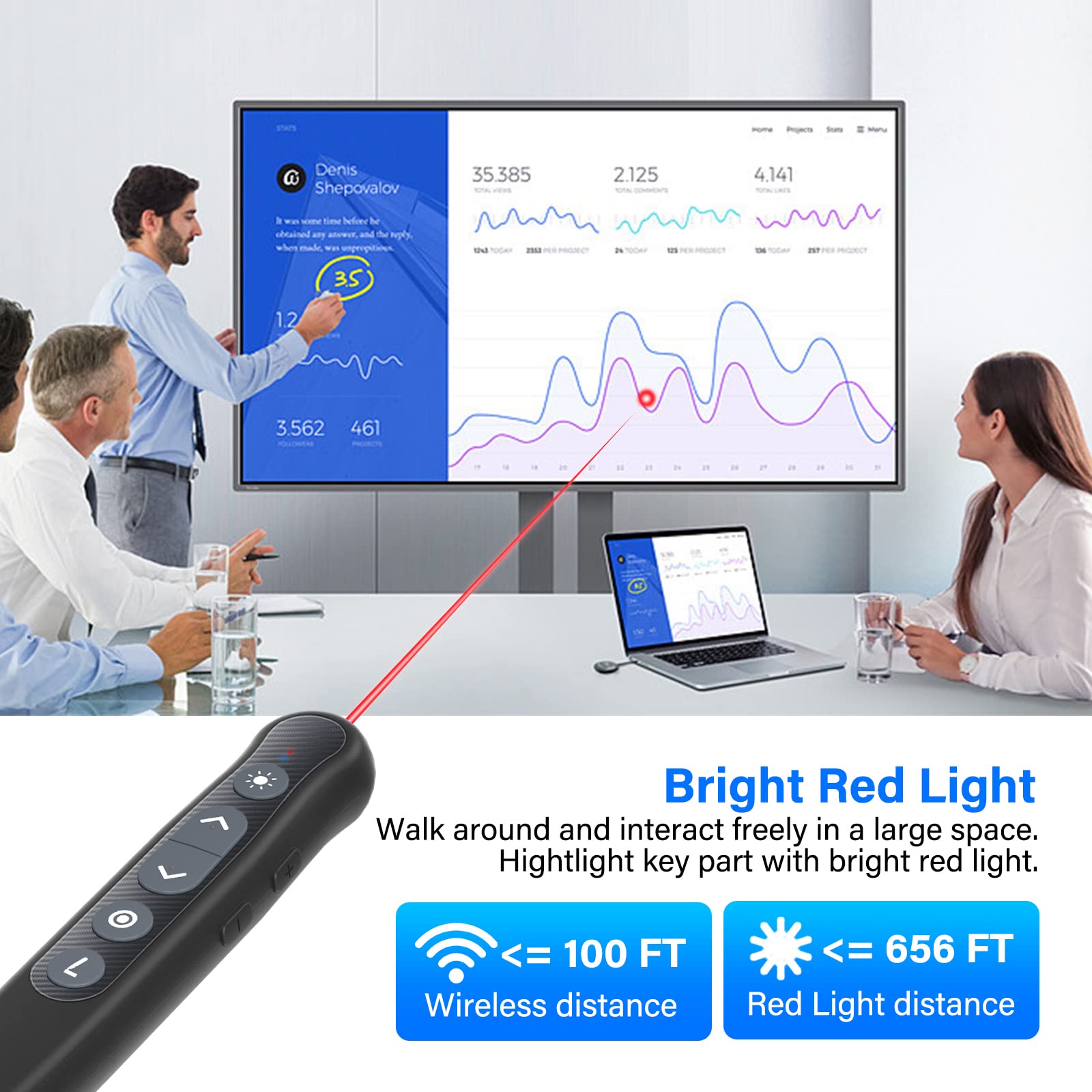 Presentation Clicker with Pointer Stylus Pen for Touch Screen, Rechargeable Wireless Presenter Remote, RF USB PowerPoint Clicker, Slide Advancer with Hyperlink Volume Control for Mac PC