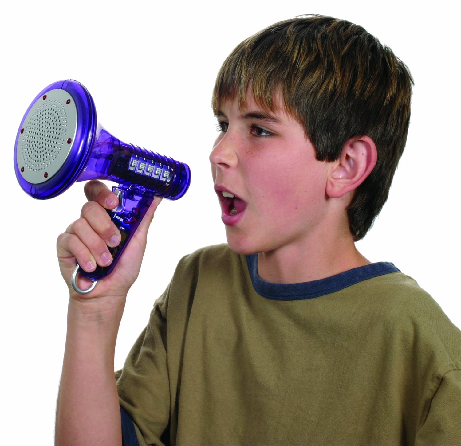 Image shows a younger boy shouting into a small voice changing megaphone toy.