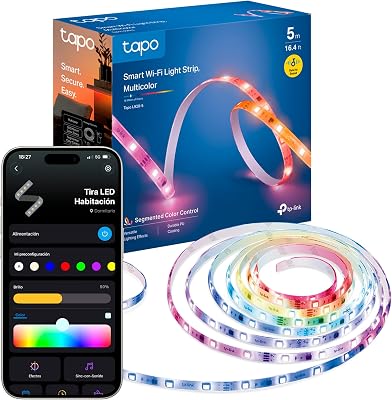 Tp-link tapo l920-5 - tiras led adesivas wifi 5m, rgb multicolorido, iluminação segmentável, sincronização com música, controle remoto, resistência ipx4, compatível com alexa, google home,