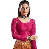 themilestocks TMS Women's Blouses Readymade Gold Stretchable Saree Crop Top Choli Free Size Long Sleeve (Magenta, Can fit bust size 28""-38"")