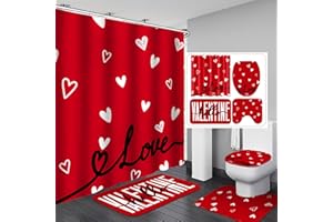 Drydiet 4 Pcs Valentine's Day Shower Curtain Set, Non Slip Rugs Toilet Lid Cover U Shape Bath Mat and 12 Hooks Love Heart Shape Red Bathroom Supplies for Valentines Accessories Decor Set