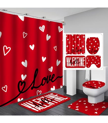Valentine's Day Gnomes Shower Curtain - Heart & Romantic Design, 70x70 Inches Fabric Set With Hooks - View #6