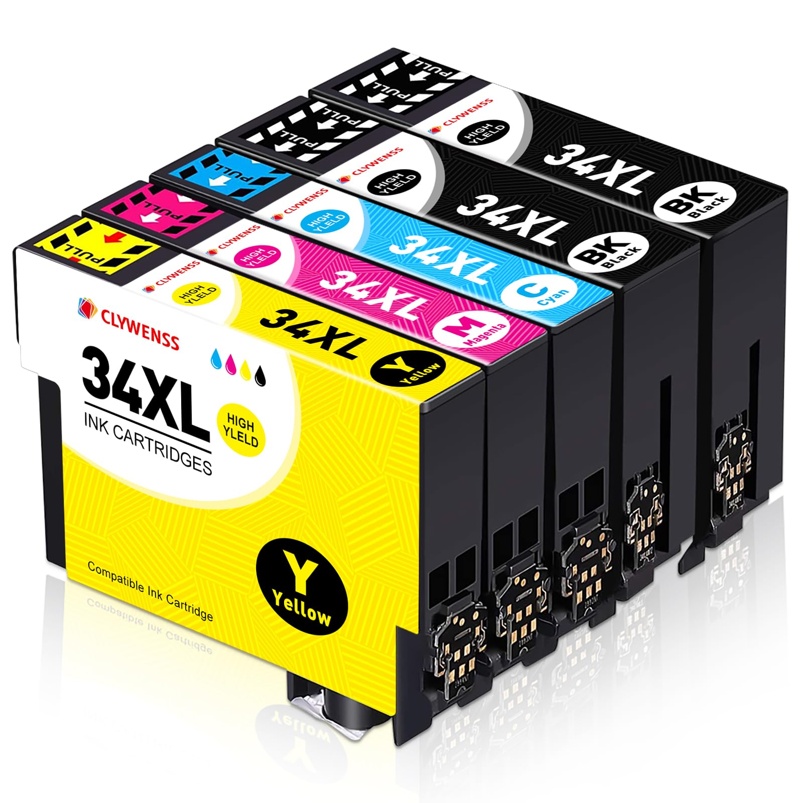 Clywenss 34XL Ink Cartridges Compatible with Epson 34 XL Multipack for WorkForce Pro WF3720 WF-3720 WF3725 WF-3725 WF-3720DWF WF-3725DWF Ink Cartridges, 5-Pack (2 Black, Cyan, Magenta, Yellow)