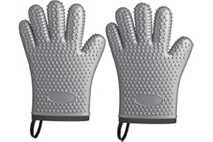 GTTYOWYIN 2Pcs Silicone Oven Mitts Heat Resistant 450 Degrees, Waterproof & Non-Slip Oven Gloves with Fingers, Cotton Lined Silicone Oven Gloves Kitchen Mitts, Insulated BBQ Gloves, Outdoor Grill Gloves, Grey