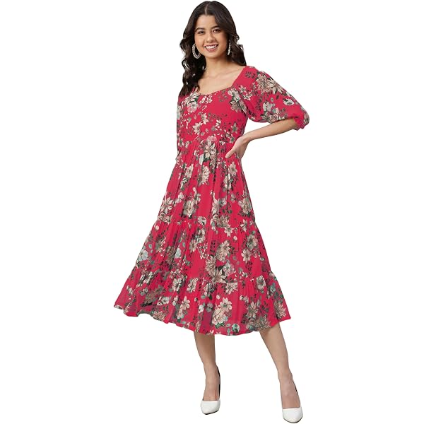 Indian Cotton Dresses For Women Janasya Women's Floral Print Cotton Summer  Dress - Lightweight Pink Casual Wear Pink Floral Summer Dress