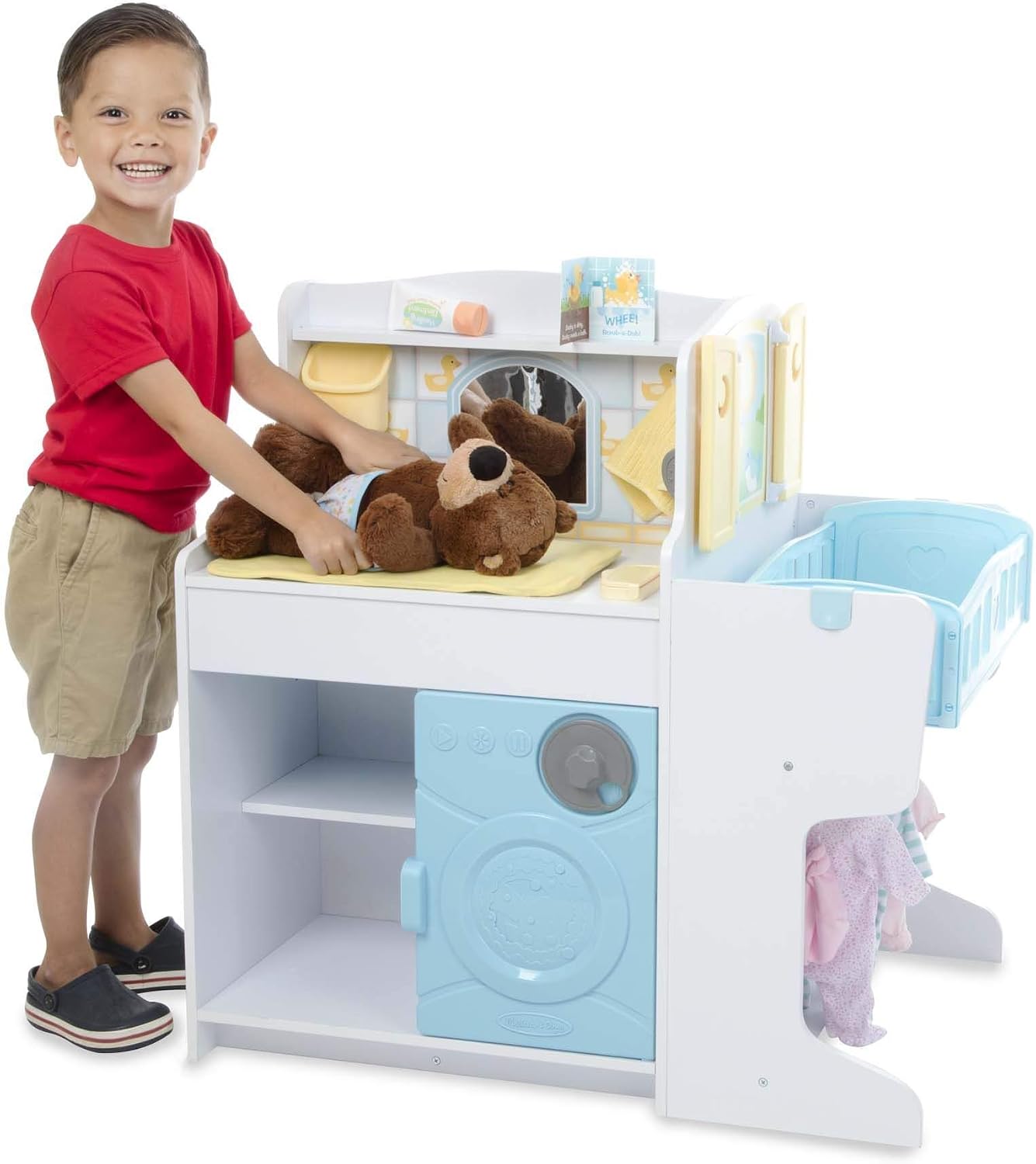 Melissa & Doug Mine to Love Baby Care Activity Centre, Wooden Multi-Functional Doll Playset with Kitchen - Image 4