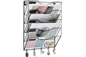 COSYAWN 5 Tier Wall File Holder with Hook, Hanging Mail Organizer Metal Chicken Wire Wall Mount Magazine Rack, Black