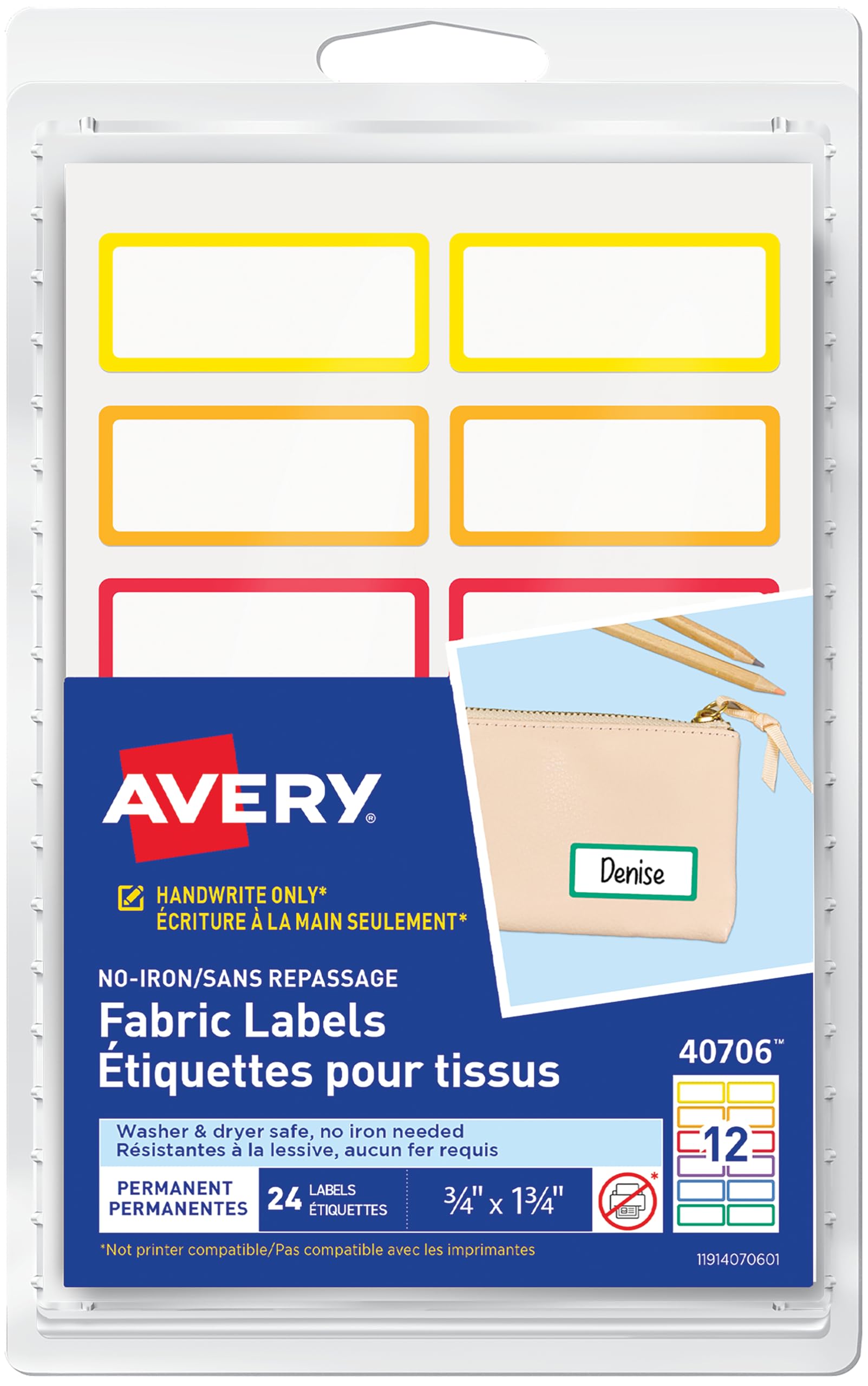 Avery No-Iron Fabric Name Labels, Rainbow Borders