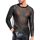 EHSUYAB Mens Sexy Silver Glitter Mesh Shirt, Long Sleeve Sheer See Through Fishnet Top, Club Party Rave Outfit Music Festival