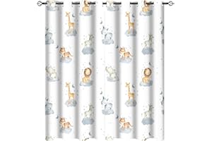 JRETAILAX Watercolor Woodland Animals Blackout Curtains for Living Room,Cute Cartoon Forestry Wildlife Baby Elephant Giraffe Lion Grommet Thermal Insulated Room Darkening Curtains 63L x 27.5W,2 Panels