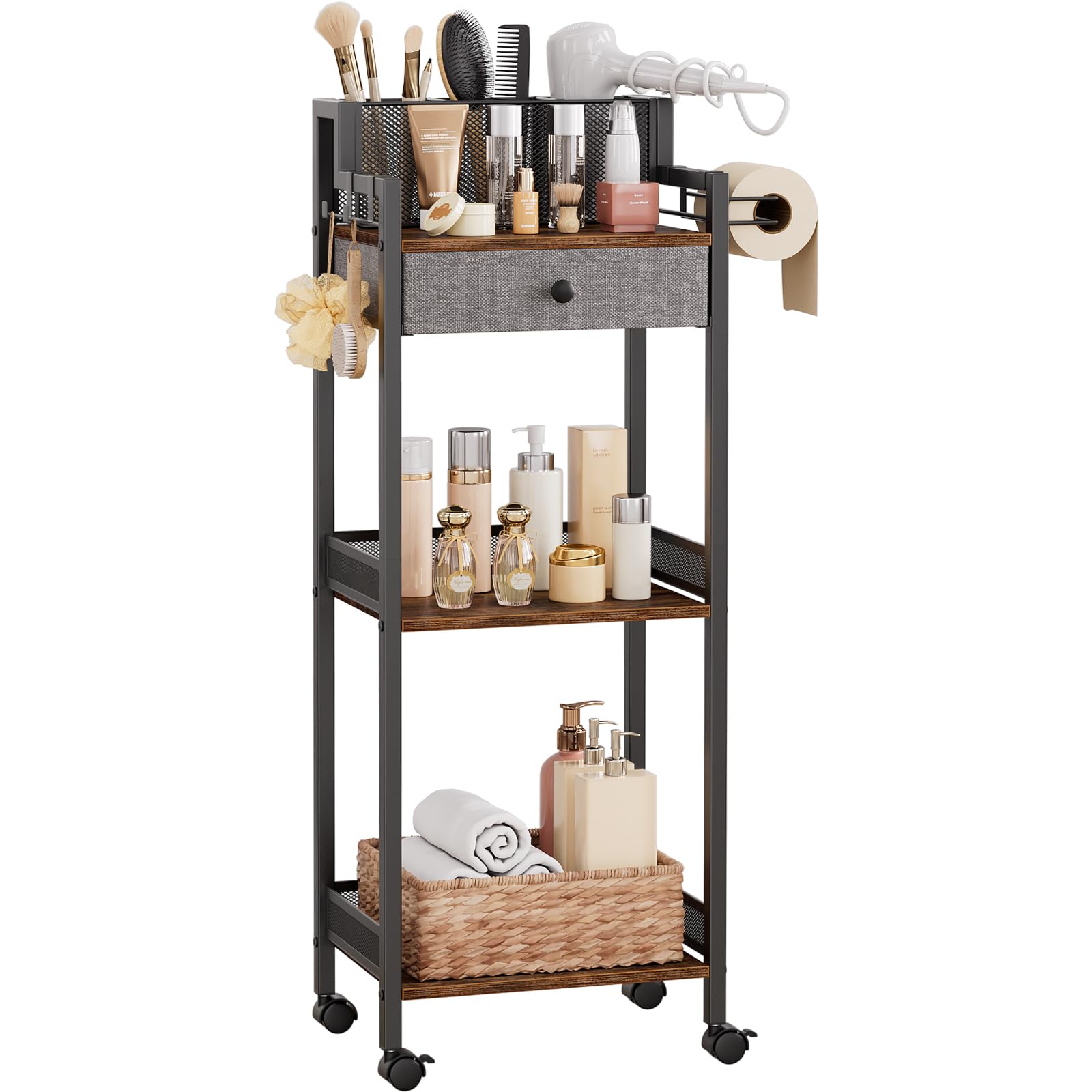 FURFUN Bathroom Shelves with Drawer, 3 Tier Metal Rolling Standing Unit Storage Organizers with Toilet Paper Holder, Multifunctional Floor Corner Rack for Cosmetic, Dryer Curling Irons 12.8in Wide