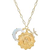 immerFancy Gold Zodiac Sign Embossed Coin Opal Crescent Moon Charm Necklace for Women Trendy 18K Gold Plated Retro Paperclip Chain 12 Constellation Horoscope Necklaces Astrology Jewelry Gifts