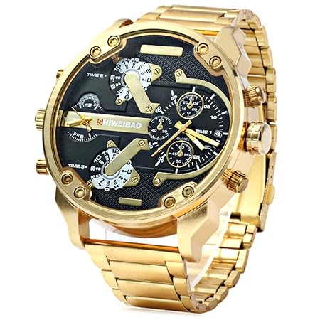 FENKOO Herren Militäruhr Quartz Kalender/Duale Zeitzonen Edelstahl Band Armbanduhr Gold