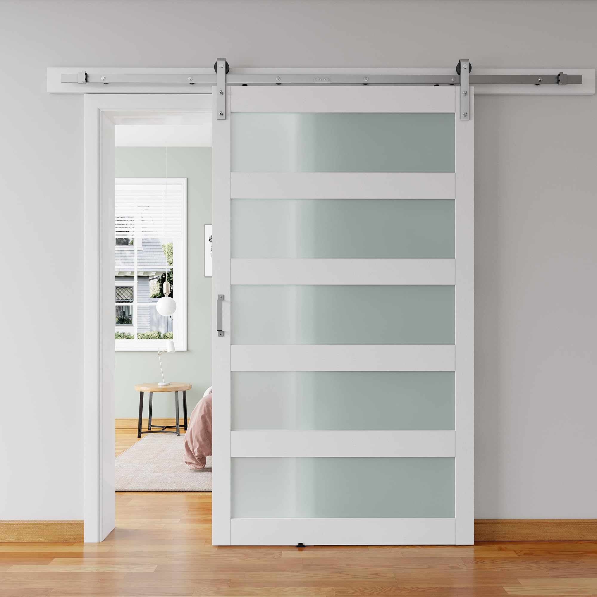 Photo 1 of **MISSING PARTS/PIECES** ALAMEDADT 48'' x 84'' Glass Barn Door and 8 Ft Brushed Nickel Hardware Kit Included, MDF White Barn Door Slab with Frosted Glass, PVC Surface, Combined with Handle and Floor Guide-Assembly Required