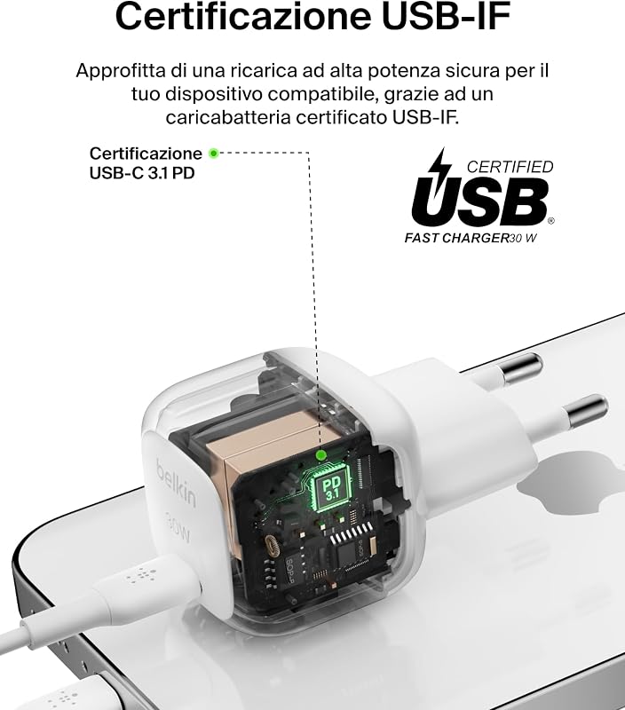 BoostCharge Caricabatteria da parete Compatto da 30W, Caricatore USB-C PD rapido da viaggio per Apple iPhone 17, Air, 16, Samsung Galaxy, iPad, AirPods, Tabletas, Pixel, Tablet e altro - Bianco